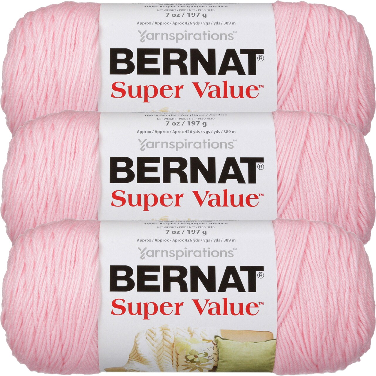 Bernat Super Value Baby Pink Yarn - 3 Pack of 198g/7oz - Acrylic - 4 Medium (Worsted) - 426 Yards - Knitting/Crochet